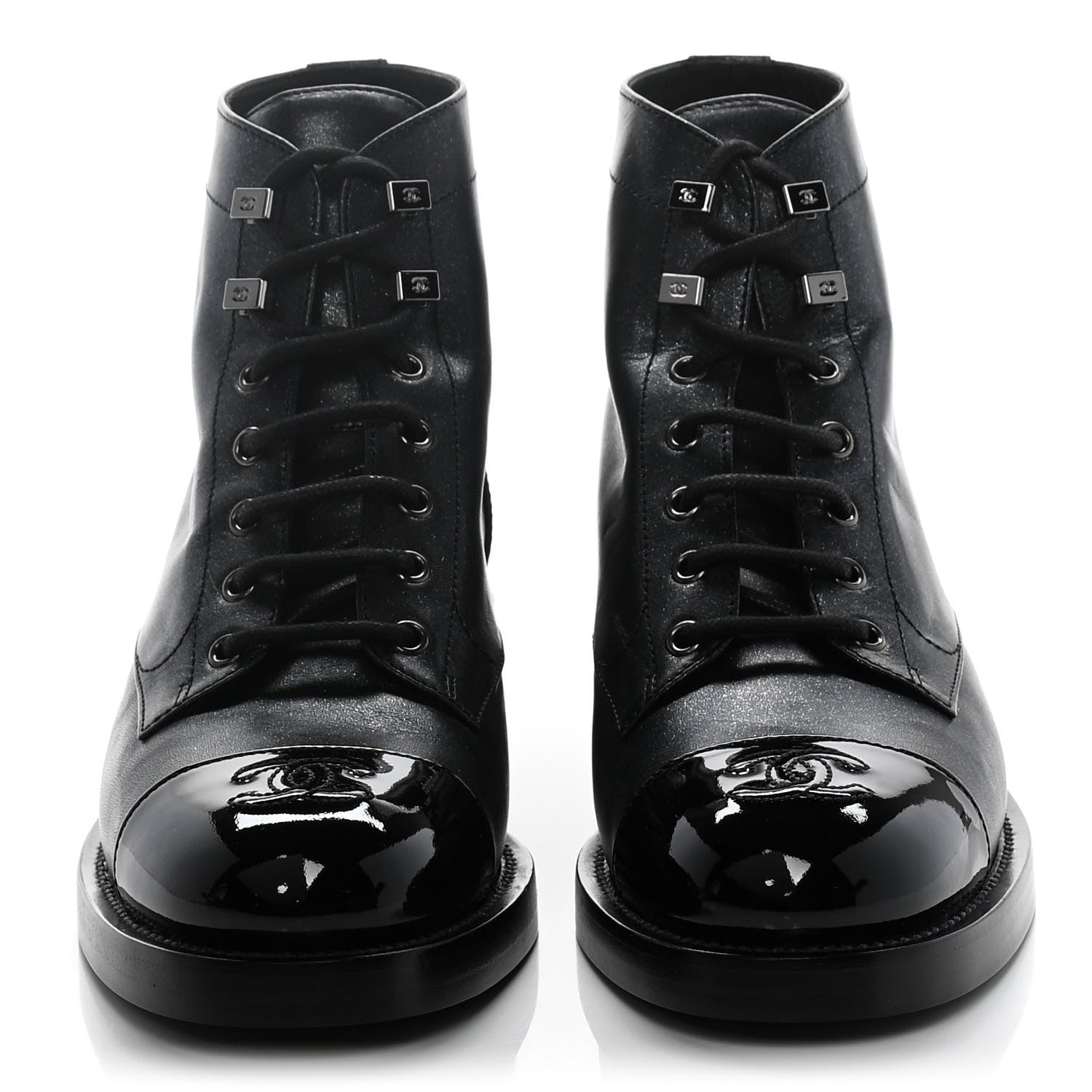 Chanel Iridescent Calfskin Patent Cap Toe Combat Boots 39 Black 2 of 9
