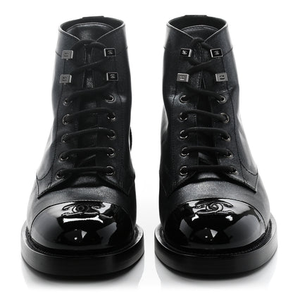 Chanel Iridescent Calfskin Patent Cap Toe Combat Boots 39 Black 2 of 9