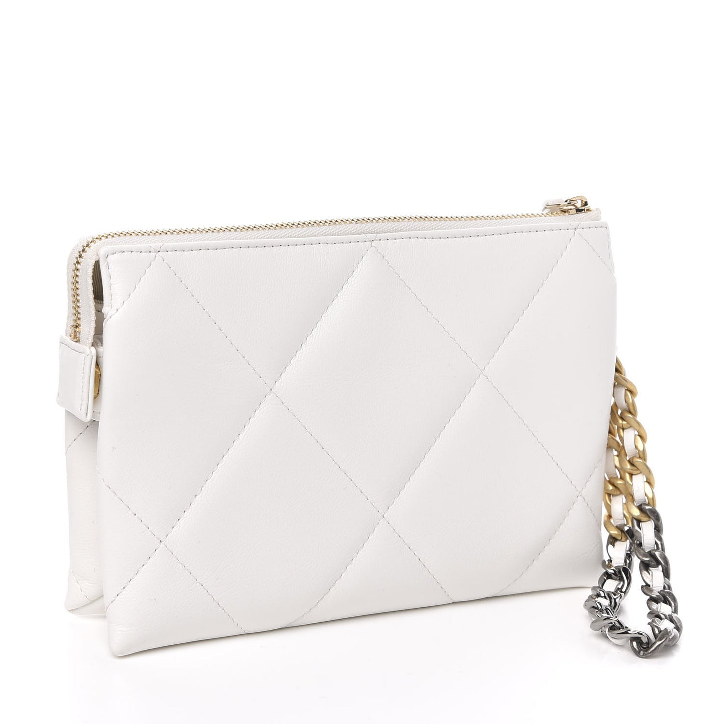 Shiny Goatskin Quilted 19 Small Pouch With Handle White