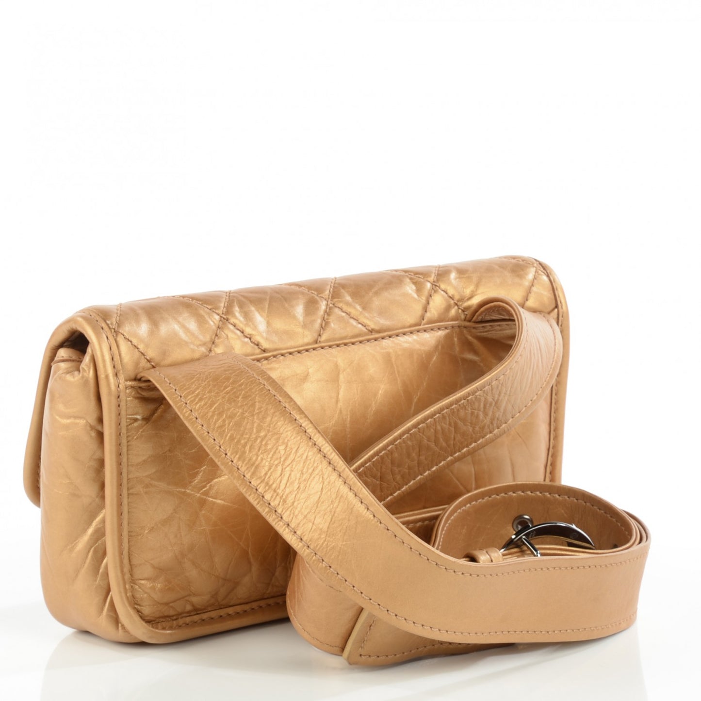 Metallic Aged Calfskin Quilted Shoulder Flap Bag Gold