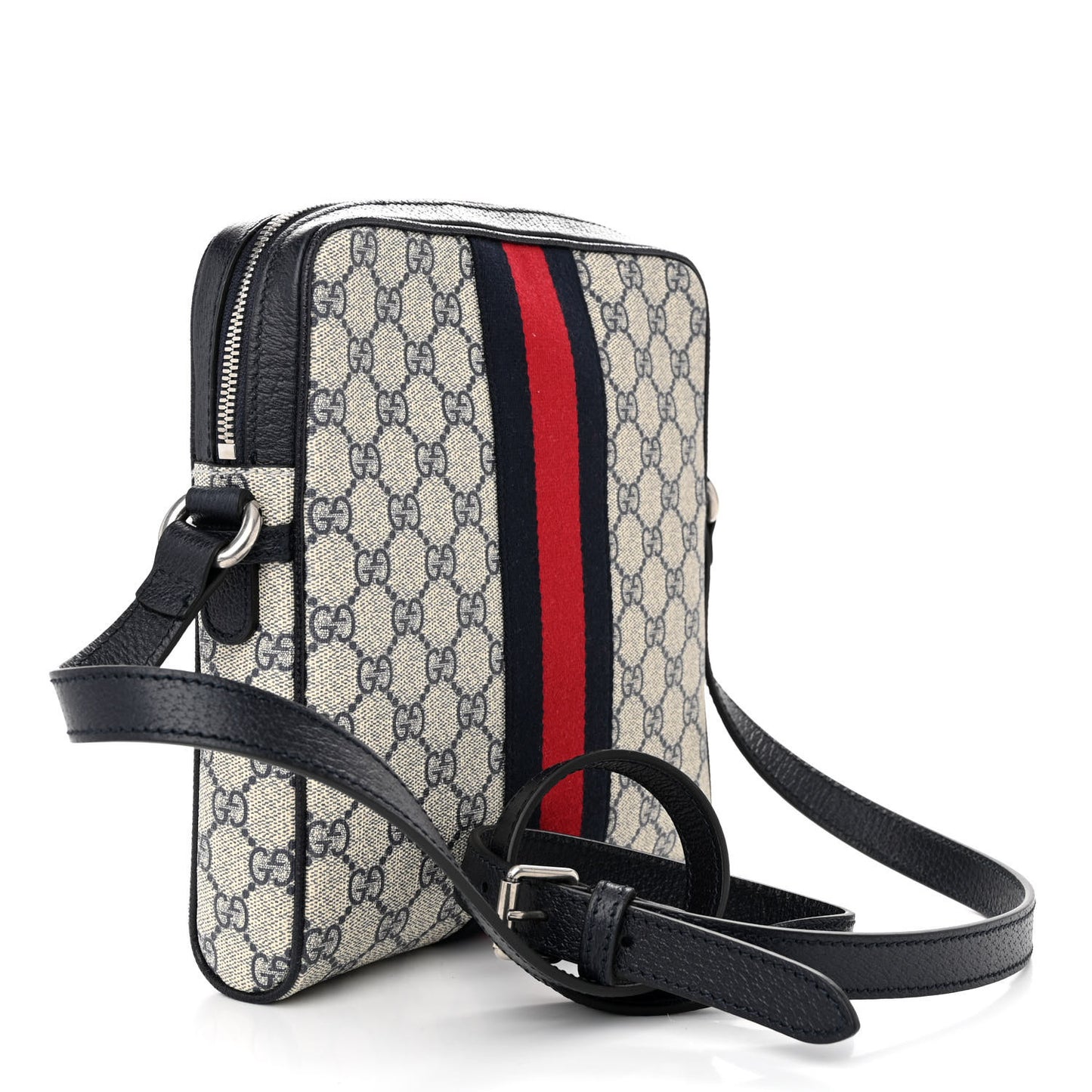 GG Supreme Monogram Textured Dollar Calfskin Web Small Ophidia Messenger Bag Beige Blue