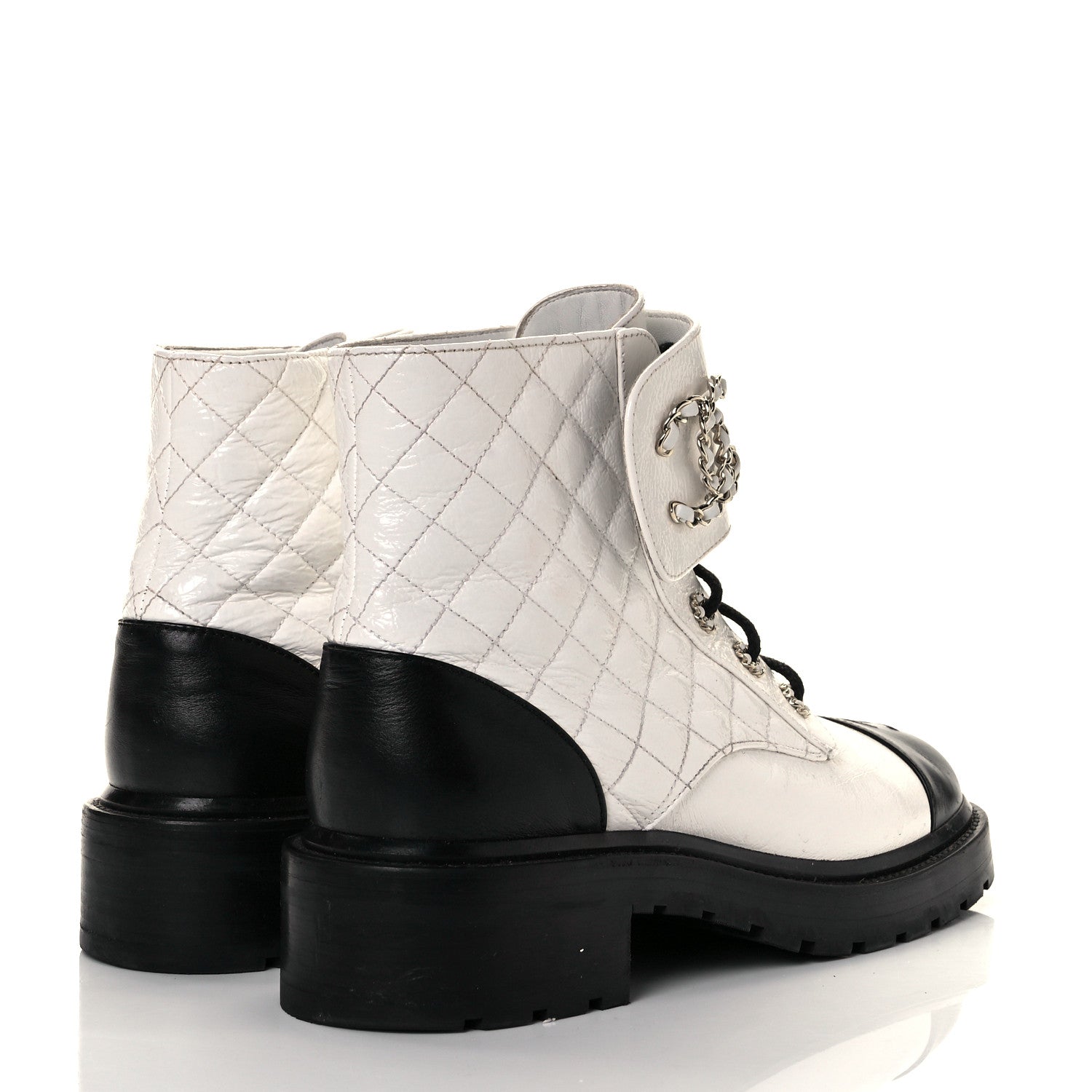 Chanel Shiny Goatskin Calfskin Quilted Lace Up Combat Boots 41.5 Black White 4 of 7