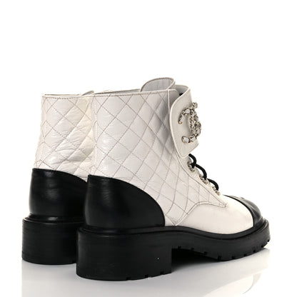 Chanel Shiny Goatskin Calfskin Quilted Lace Up Combat Boots 41.5 Black White 4 of 7