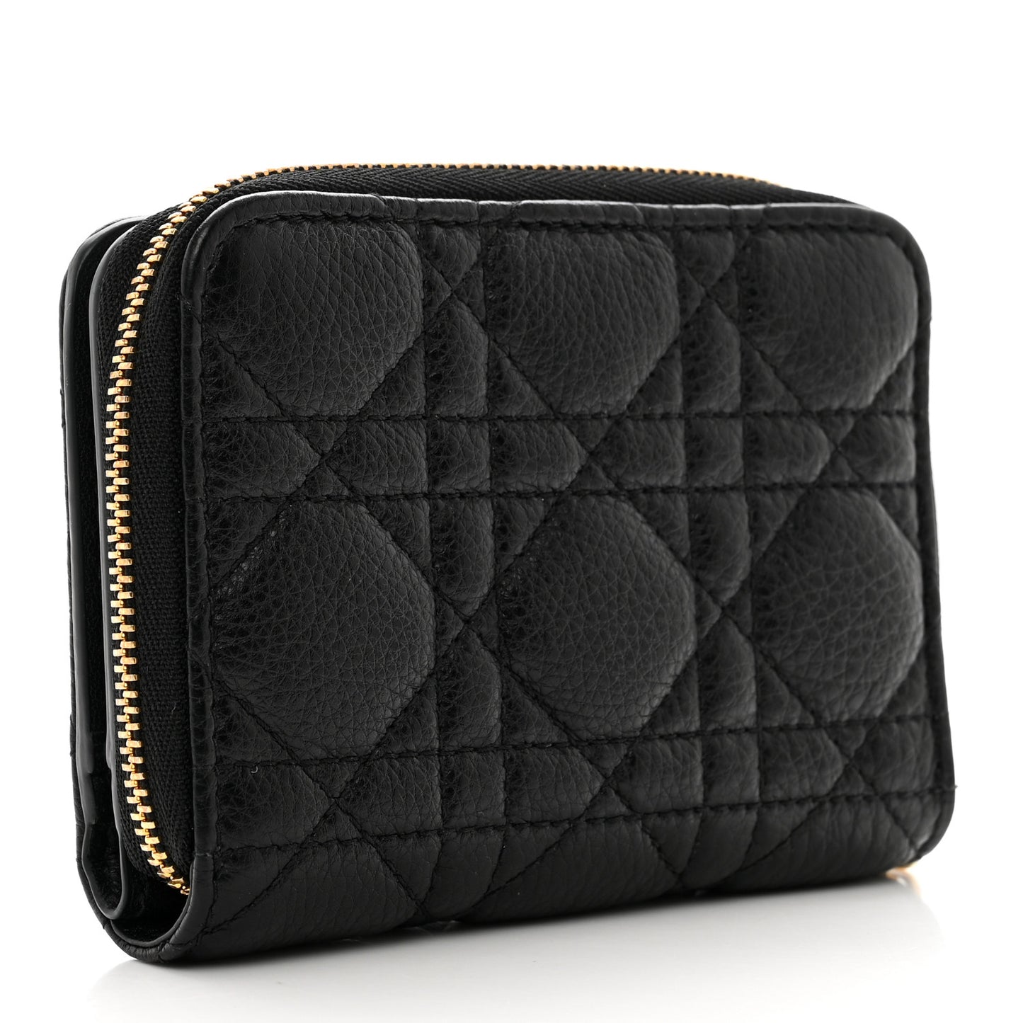 Grained Calfskin Supple Cannage Caro Compact Zip Card Wallet Black