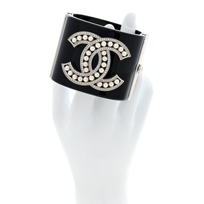 Chanel Resin Pearl Crystal CC Cuff Bracelet Black Silver 2 of 5