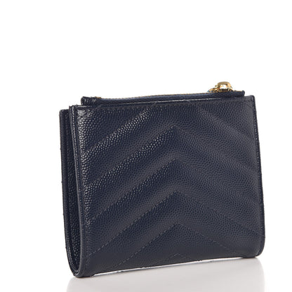 Saint Laurent Grain De Poudre Matelasse Chevron Monogram Zipped Card Case Navy 3 of 7
