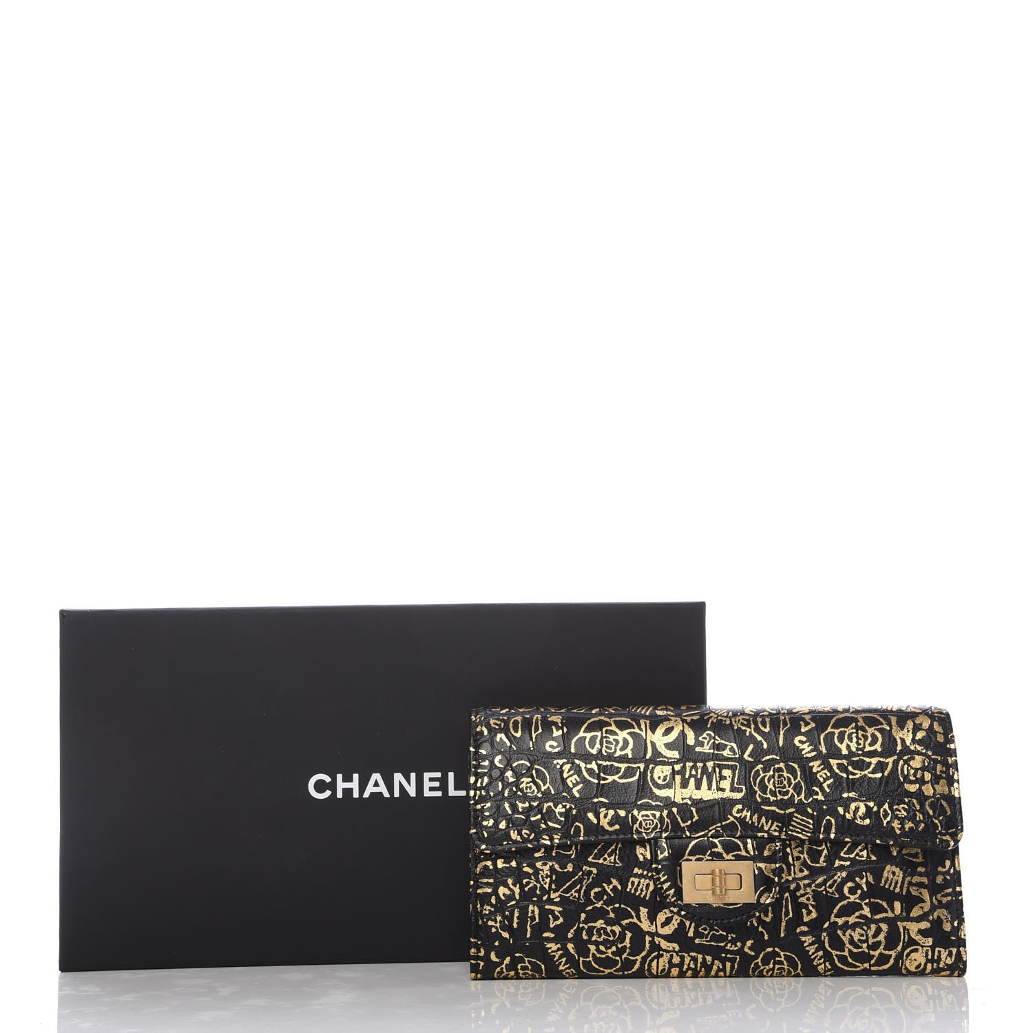 Chanel Calfskin Crocodile Embossed Graffiti 2.55 Cocodile Reissue Long Flap Black Gold 10 of 10