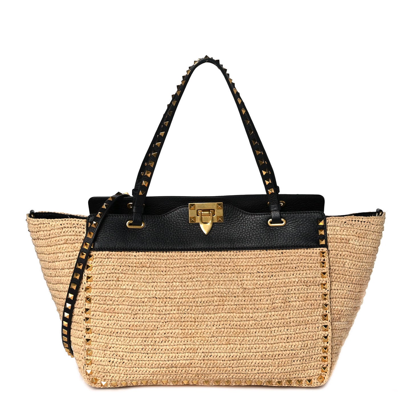 Raffia Calfskin Rockstud Tote Naturale Black