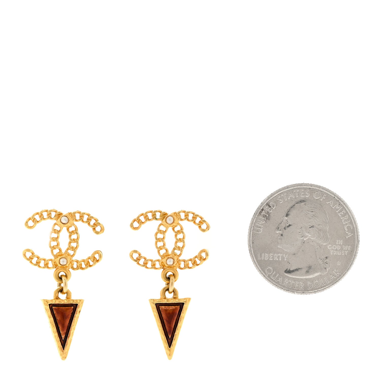 Chanel Resin Pearl Chain CC Triangular Drop Earrings Gold Brown White 2 of 5