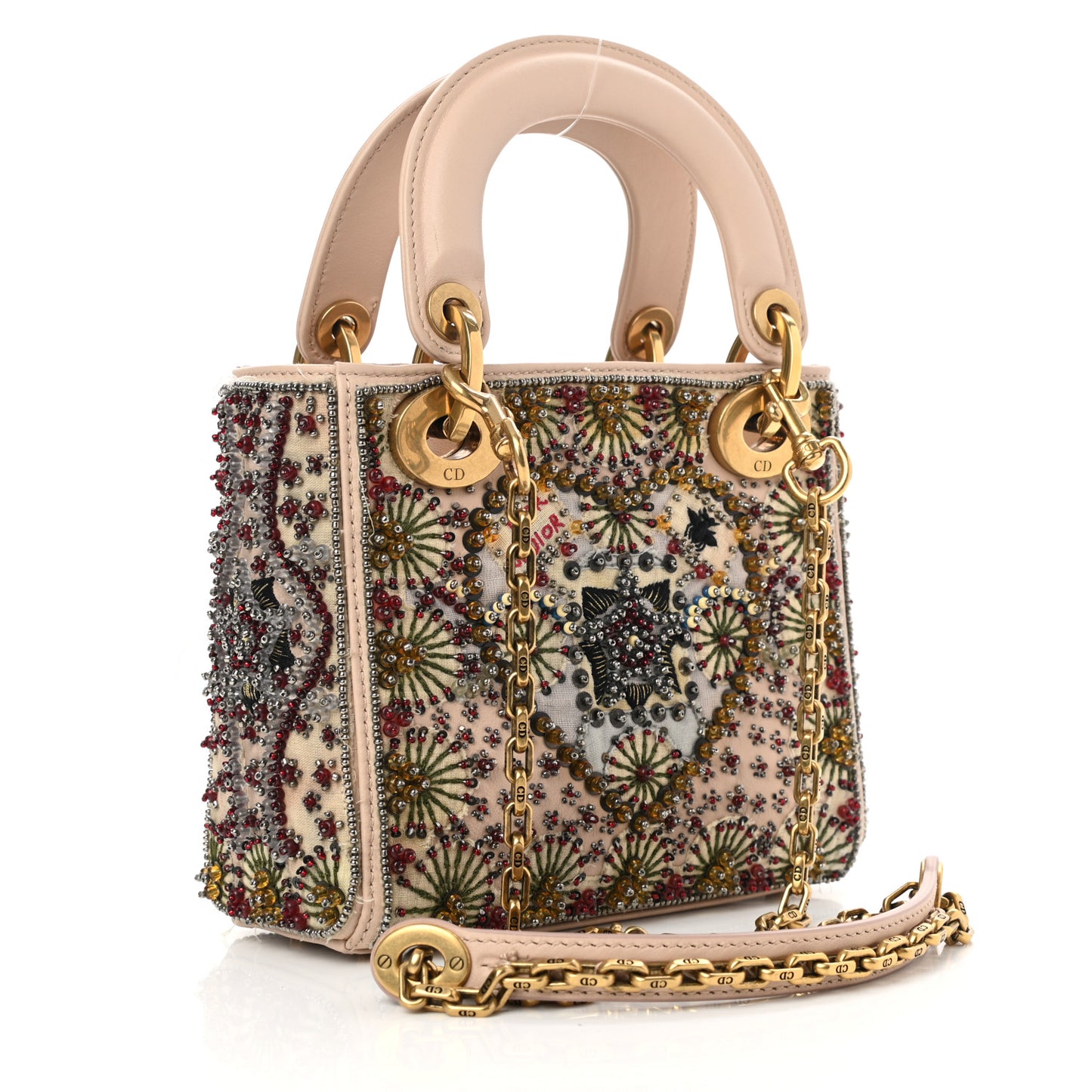 Calfskin Beaded Mini Lady Dior Beige Multicolor