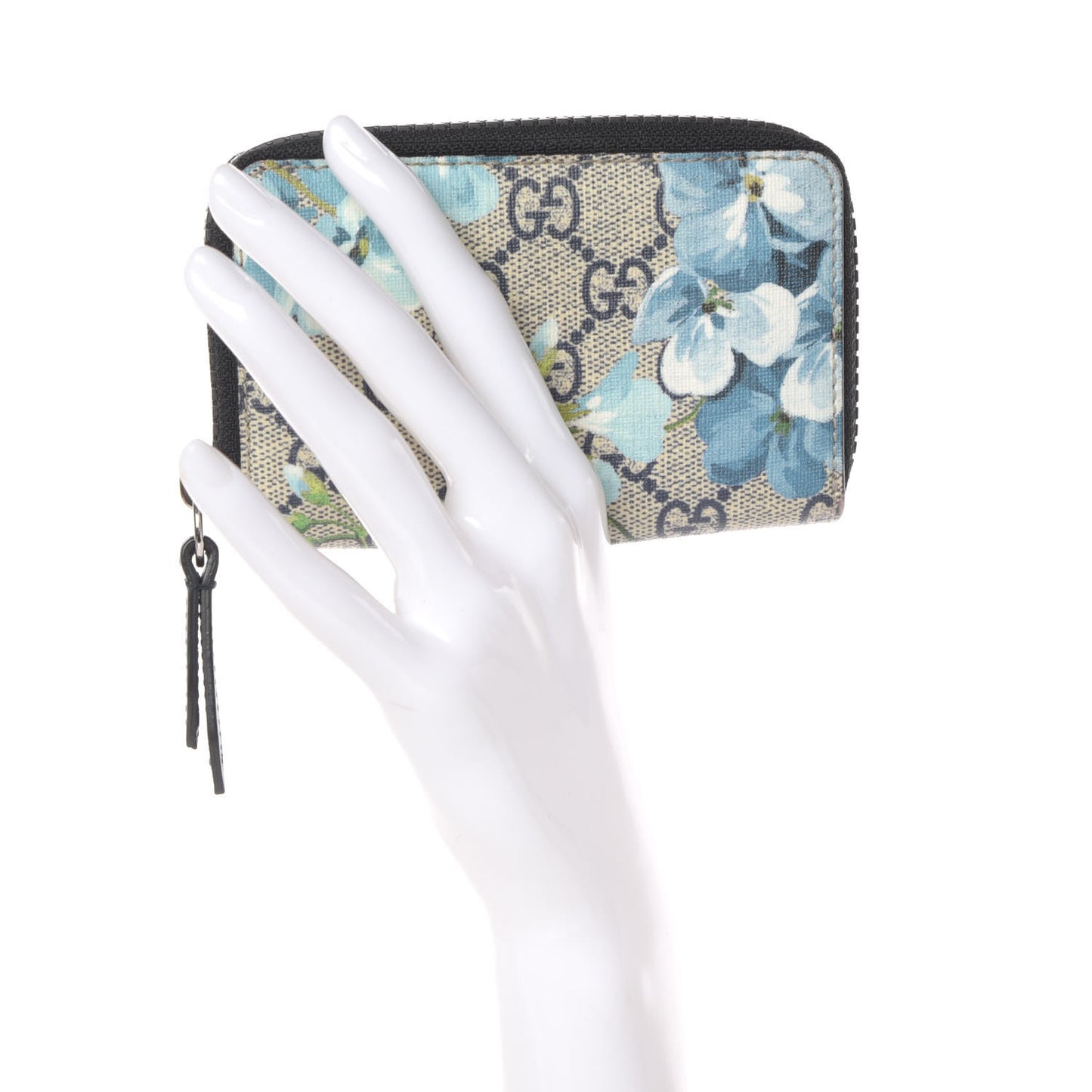 GG Supreme Monogram Blooms Zip Around Card Case Wallet Beige Blue Navy