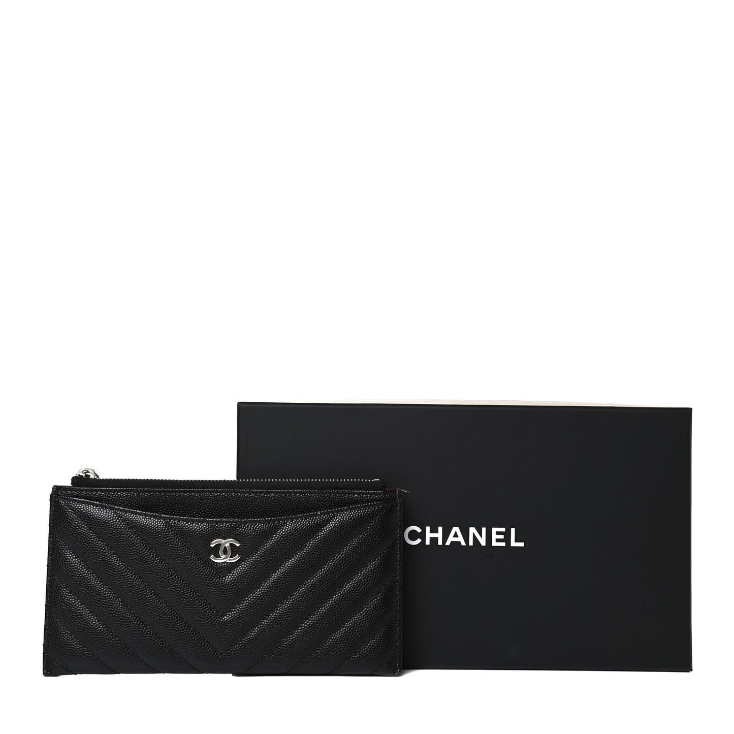 Caviar Chevron Quilted Zip Pouch Black