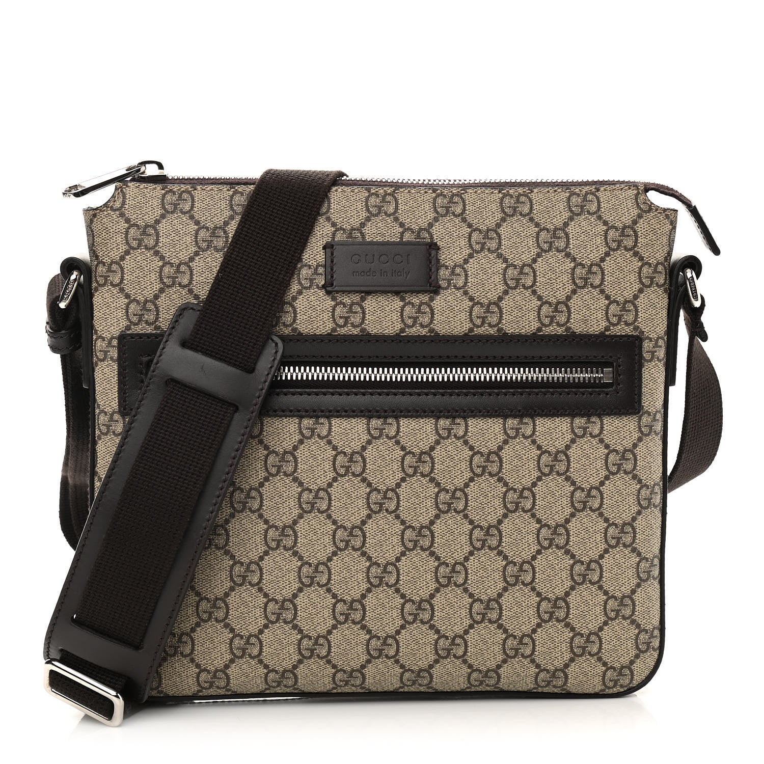 Gucci GG Supreme Monogram Selleria Calfskin Small Flat Messenger Bag Beige Ebony Cocoa Marrone Scuro 1 of 10