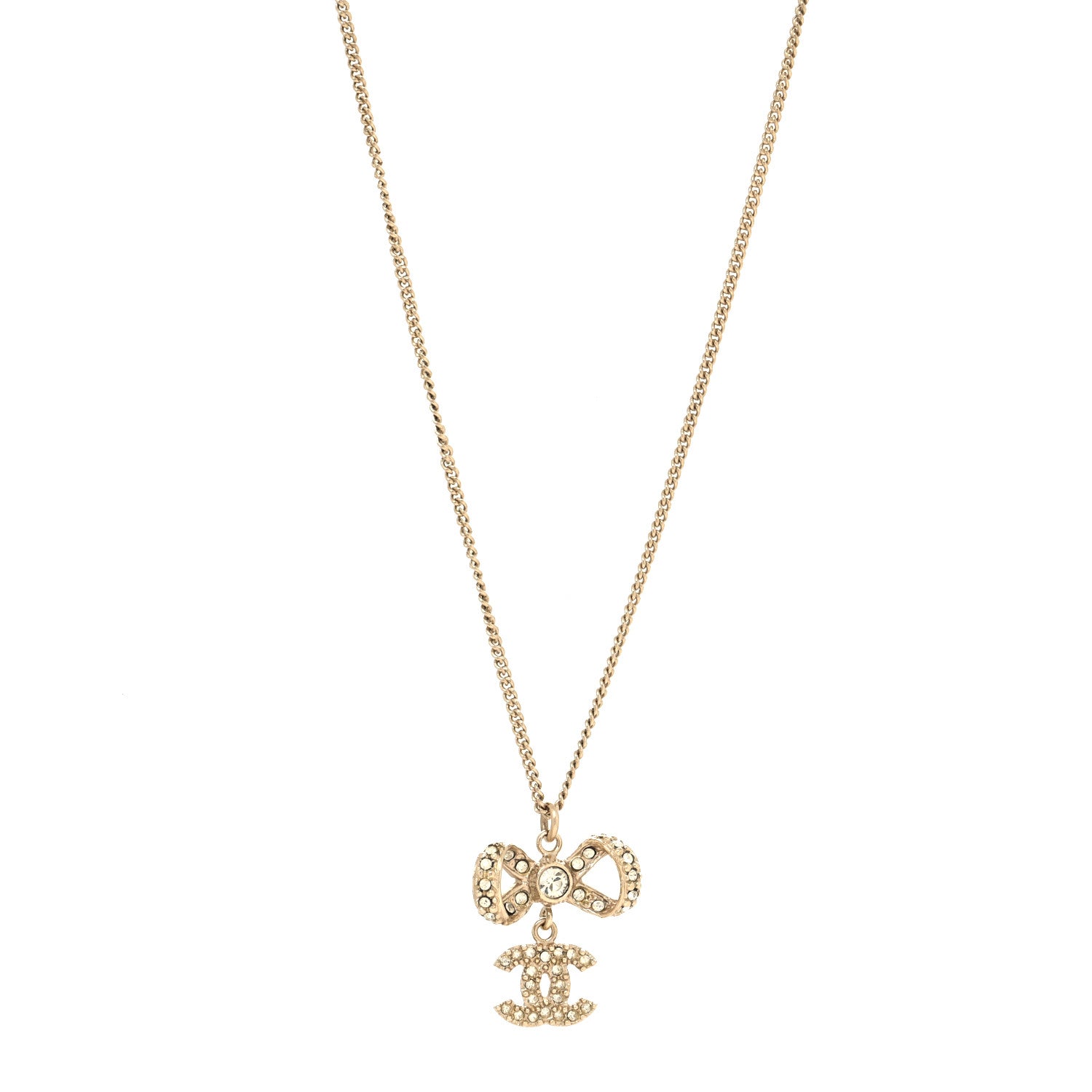 Chanel Metal Crystal CC Bow Drop Necklace Gold 1 of 5