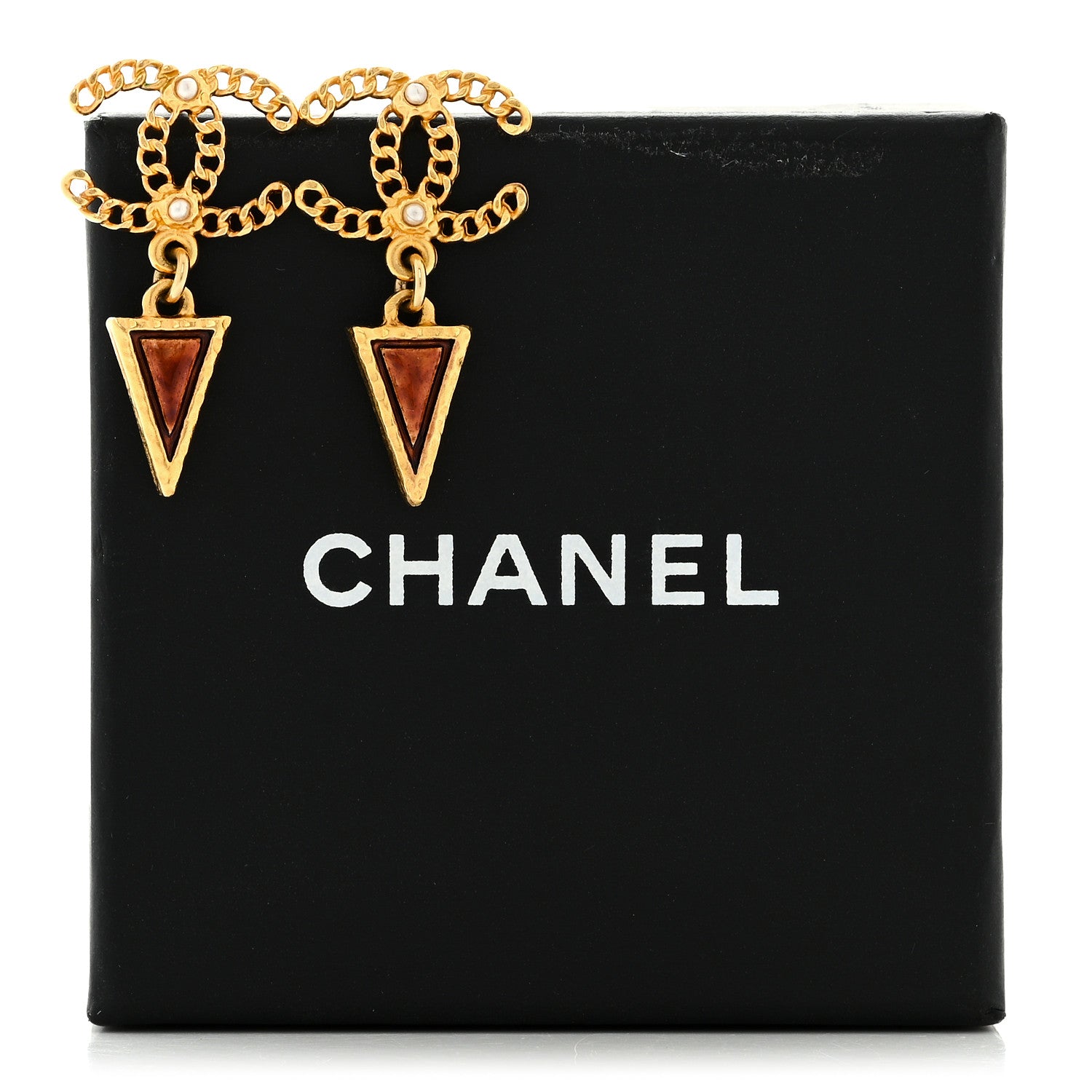 Chanel Resin Pearl Chain CC Triangular Drop Earrings Gold Brown White 5 of 5