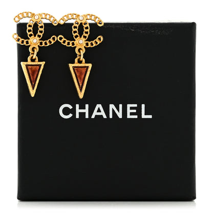 Chanel Resin Pearl Chain CC Triangular Drop Earrings Gold Brown White 5 of 5