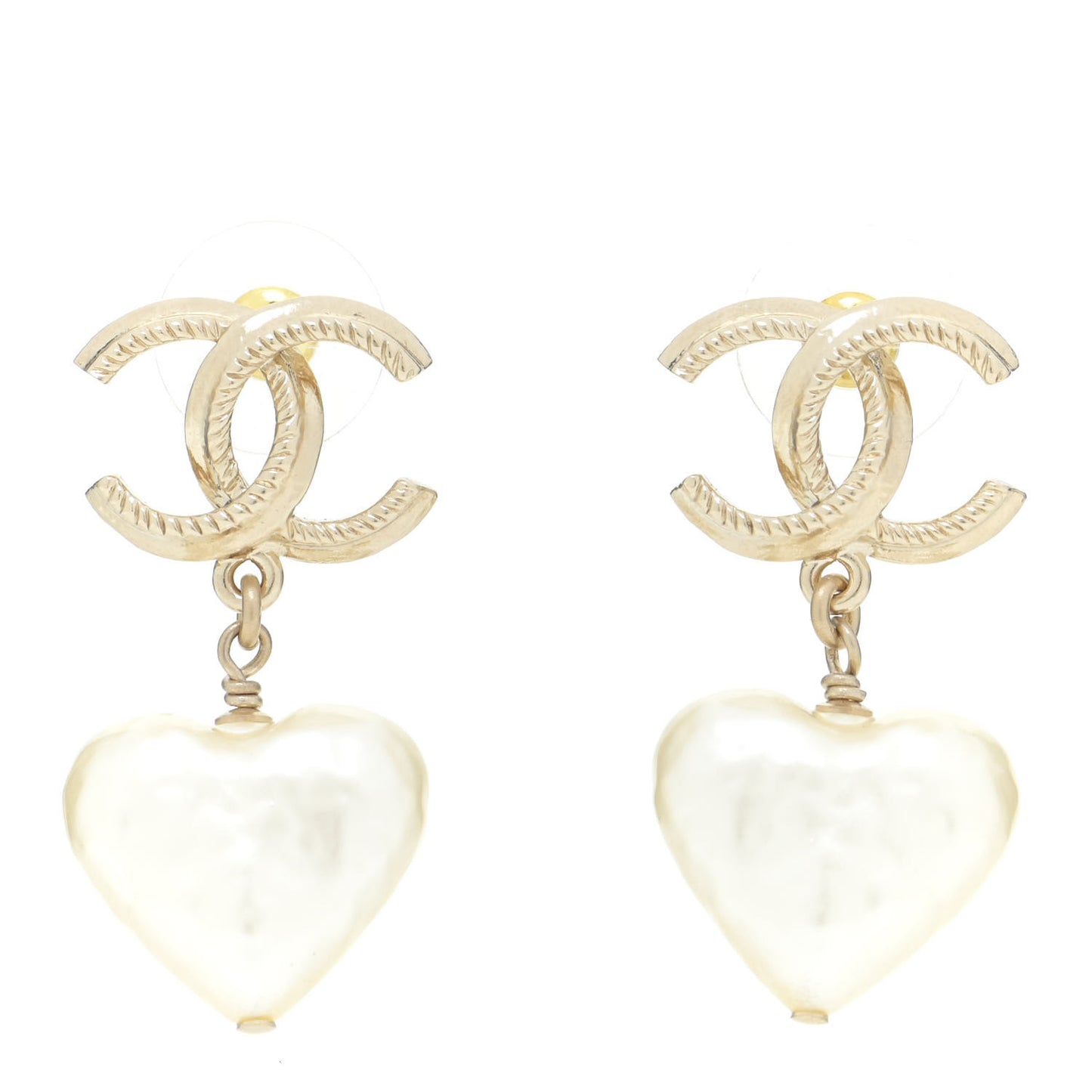 Pearl CC Heart Drop Earrings Gold
