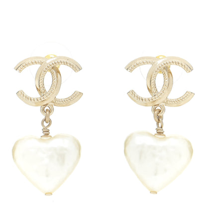 Chanel Pearl CC Heart Drop Earrings Gold 1 of 5