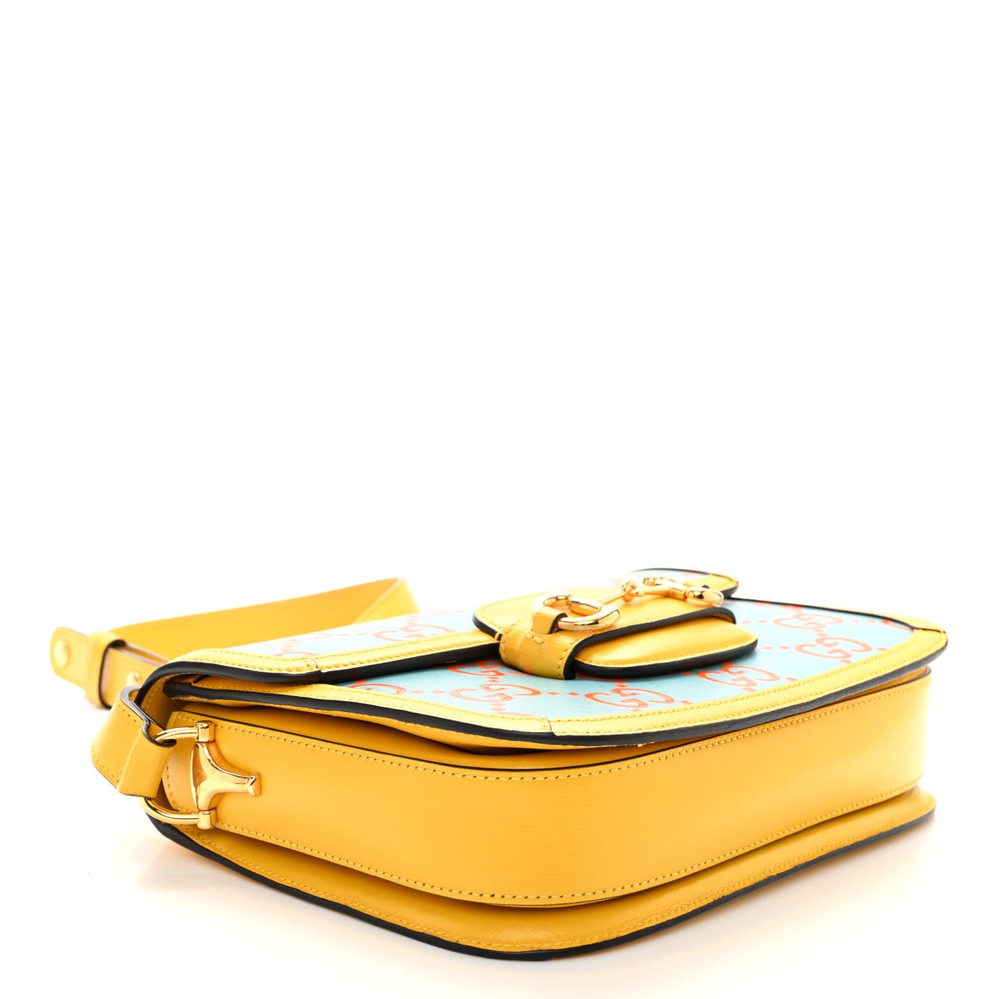 Azalea Calfskin GG Monogram Bi-Color Debossed Horsebit 1955 Shoulder Bag Dusty Azure Stone Topaz Deep Orange