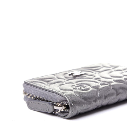 Chanel Goatskin Camellia Embossed Zip Coin Purse Silver 11 of 20