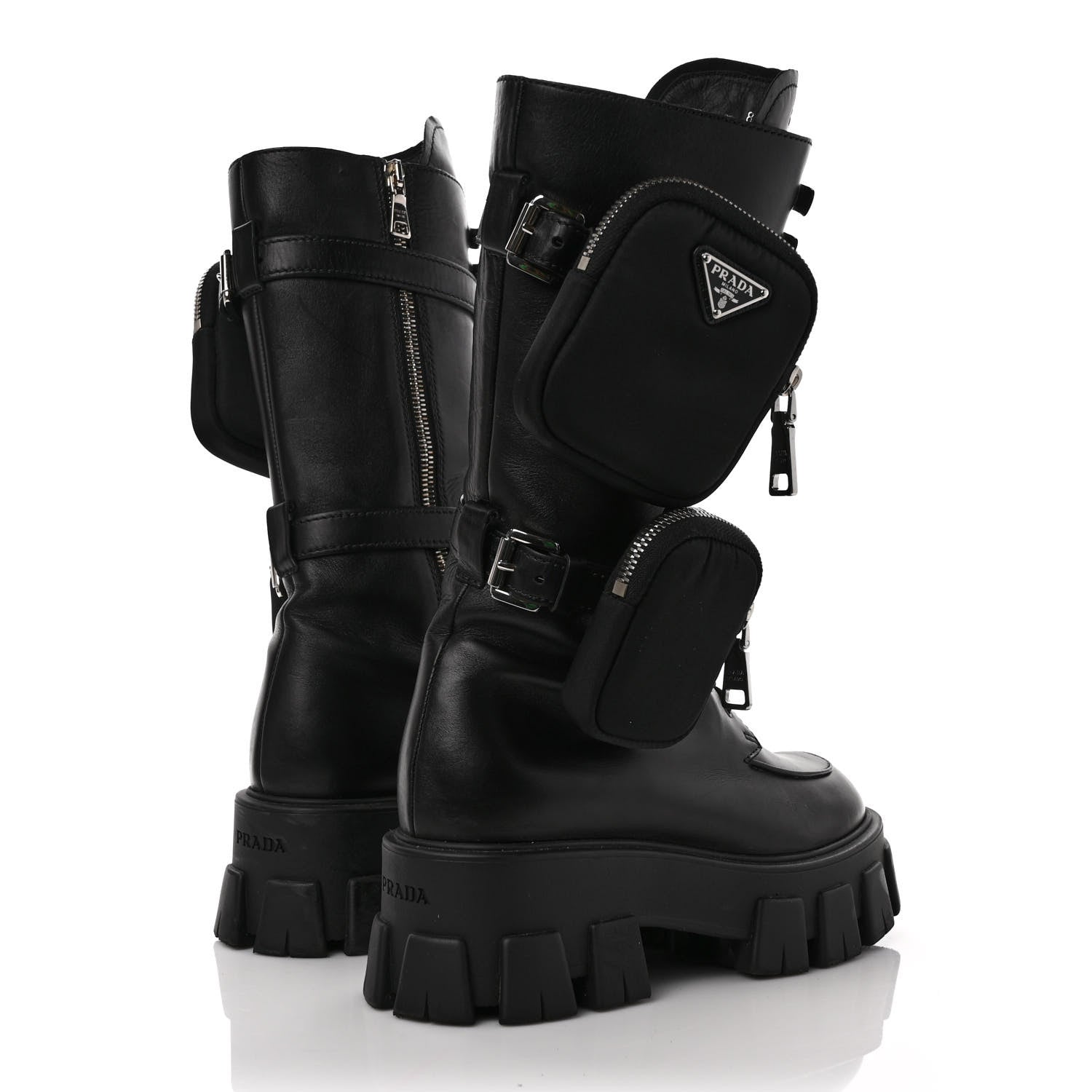 Prada Vitello Lux Nylon Metal Triangle Logo Monolith Pouch Pocket 55mm Tall Combat Boots 37 Black 4 of 10