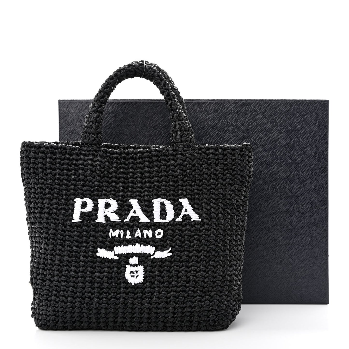 Yarn Raffia Effect Crochet Small Logo Tote Black