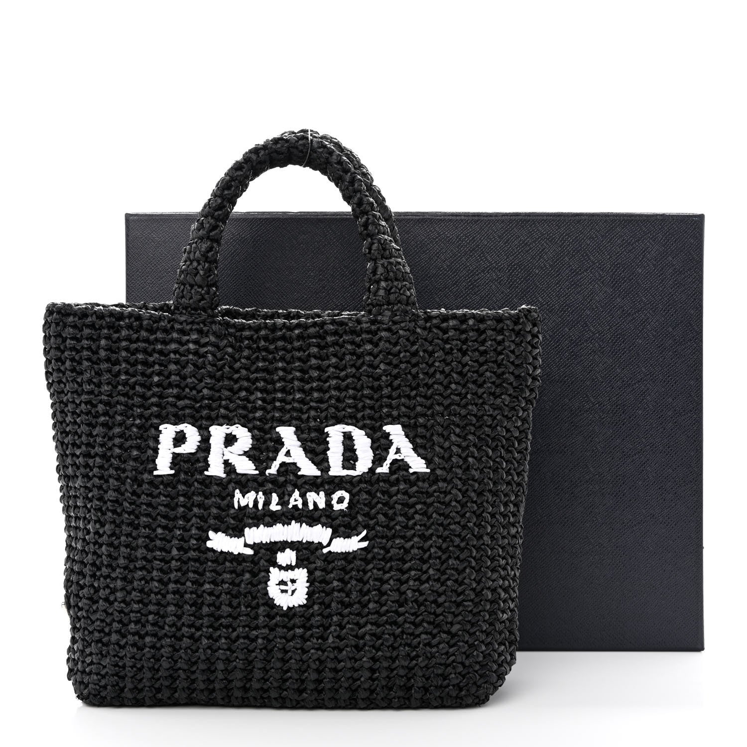 Prada Yarn Raffia Effect Crochet Small Logo Tote Black 10 of 10