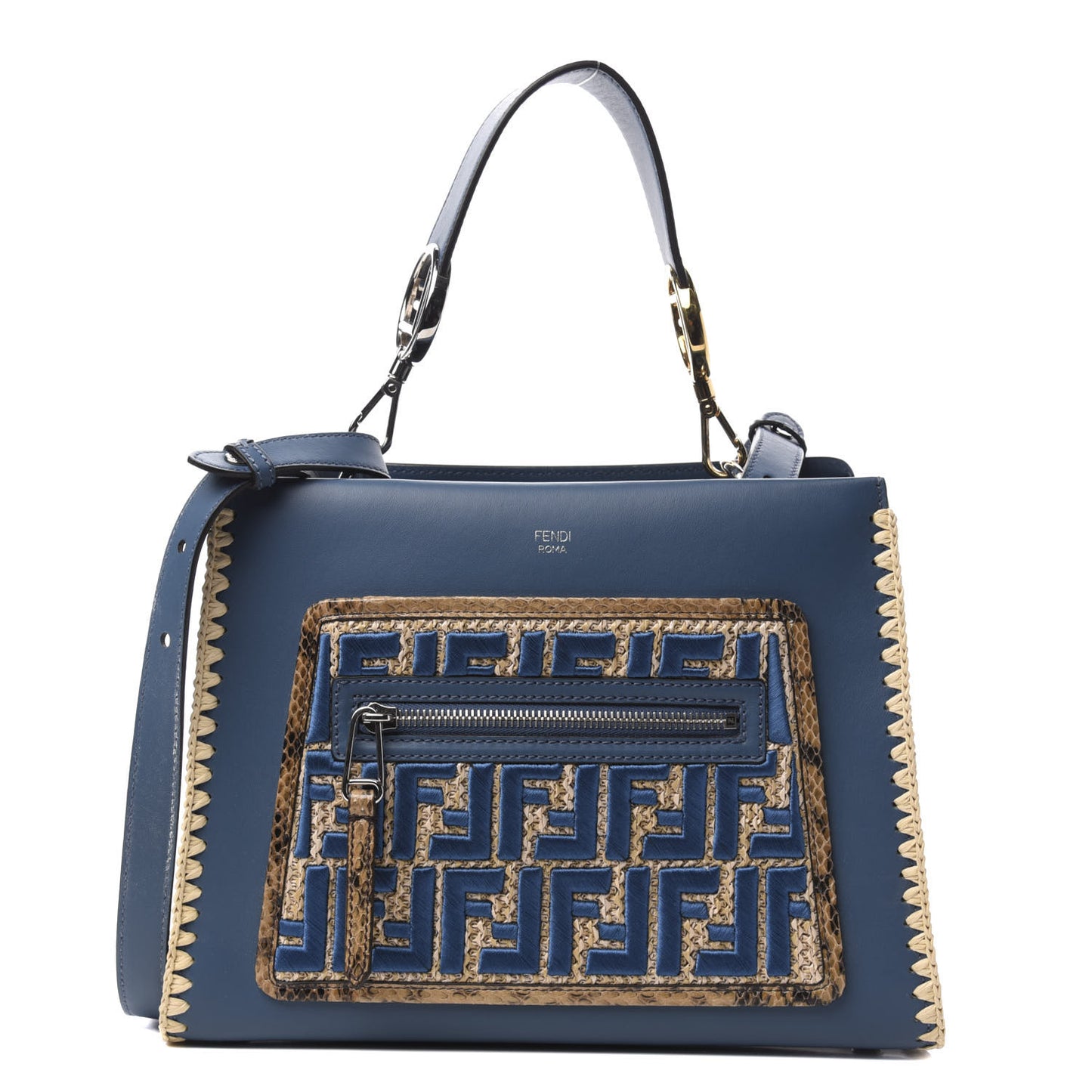 Vitello Century Raffia Elaphe F is Fendi FF Woven Embroidered Small Runaway Satchel Blue