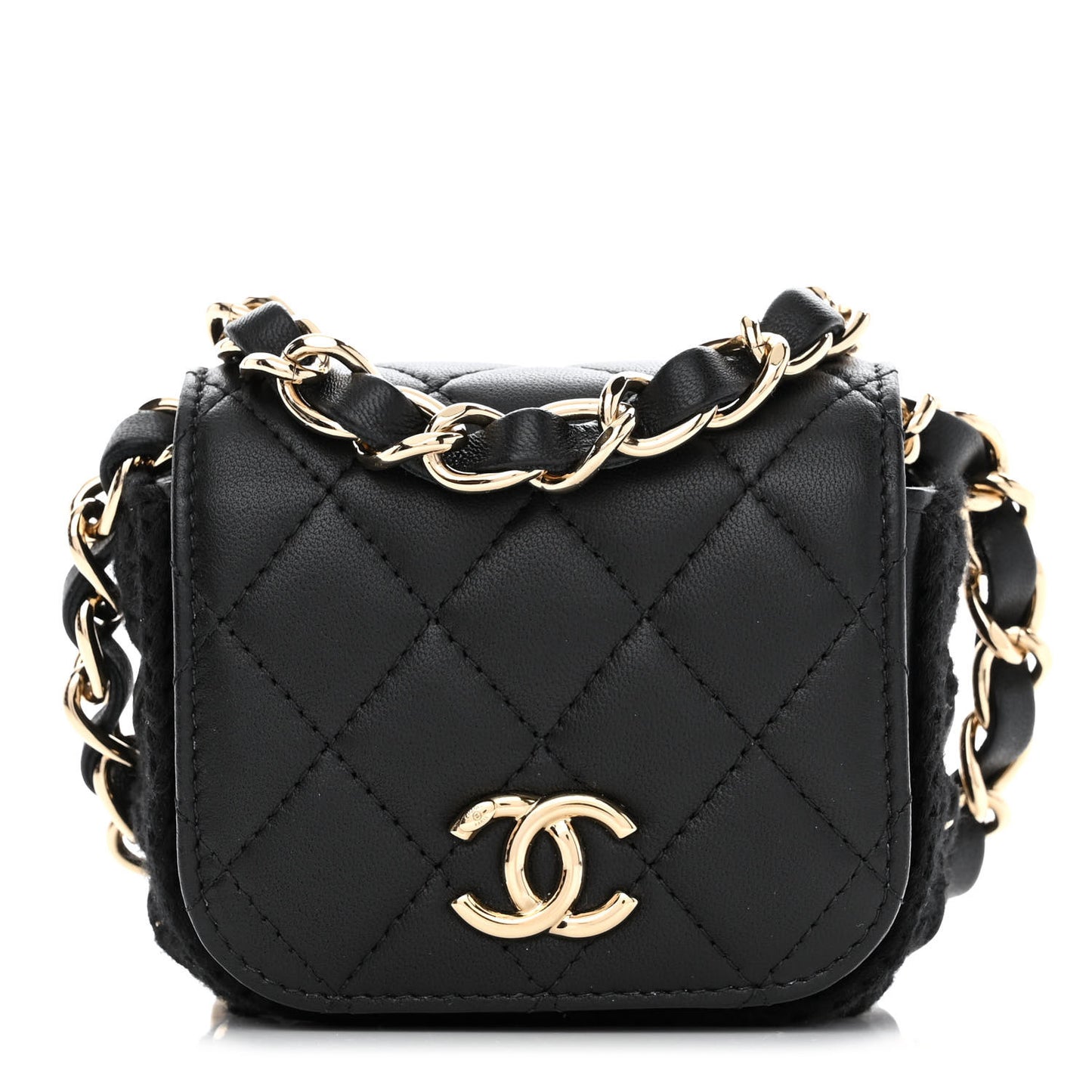 Calfskin Crochet Embroidered Quilted Mini Clutch with Chain Black