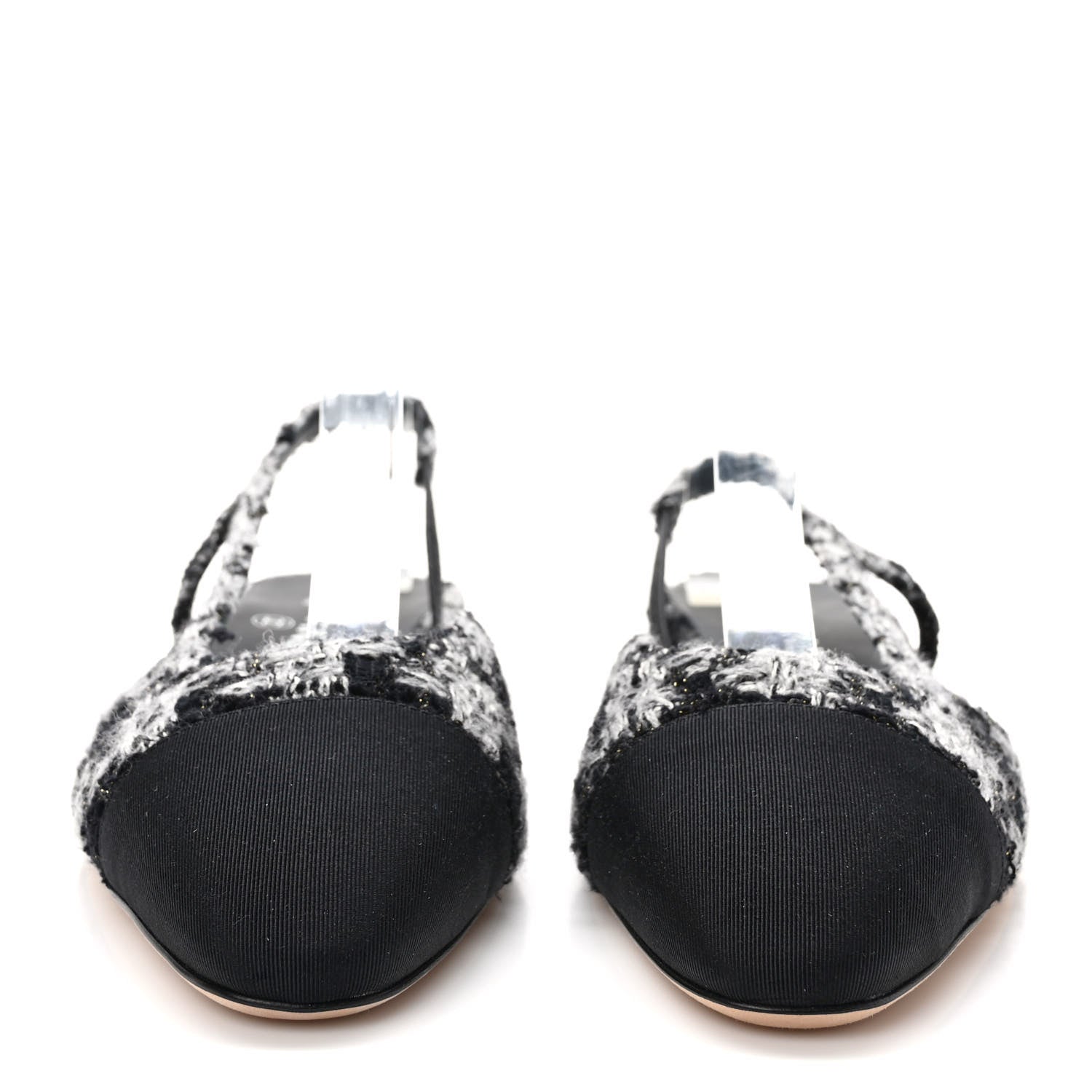Chanel Tweed Grosgrain Toe CC Slingback Flat 38 Black Grey 2 of 8