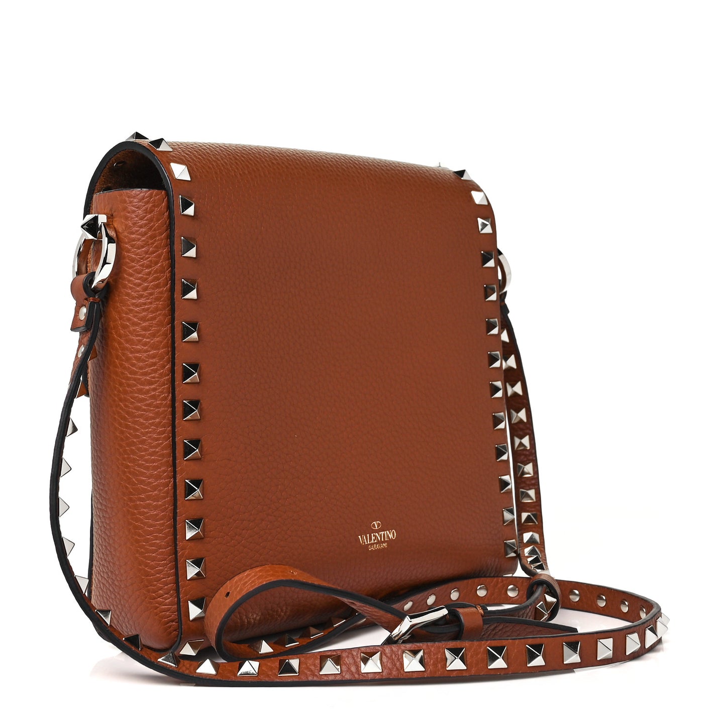 Pebbled Calfskin Rockstud Flip Lock Flap Messenger Saddle Brown