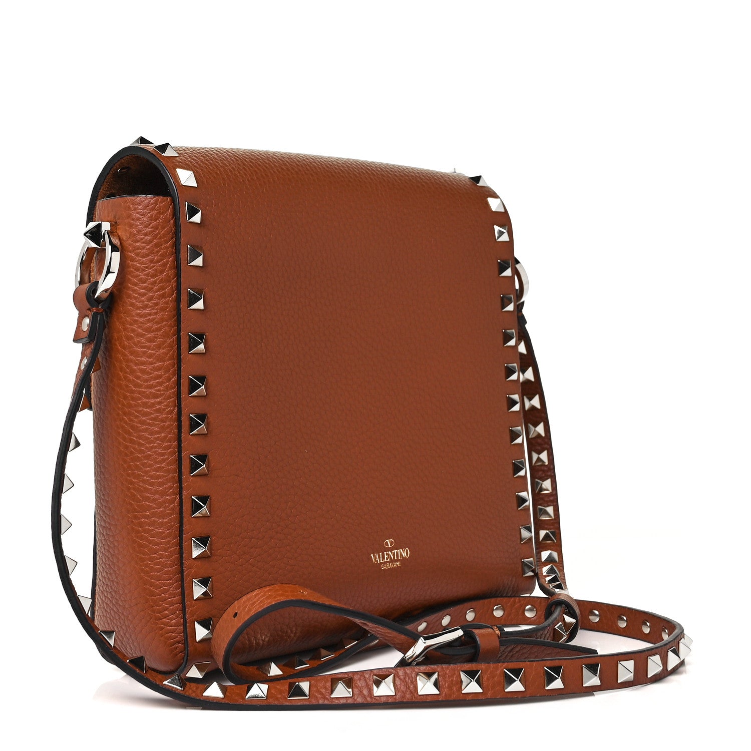 Valentino Garavani Pebbled Calfskin Rockstud Flip Lock Flap Messenger Saddle Brown 3 of 8