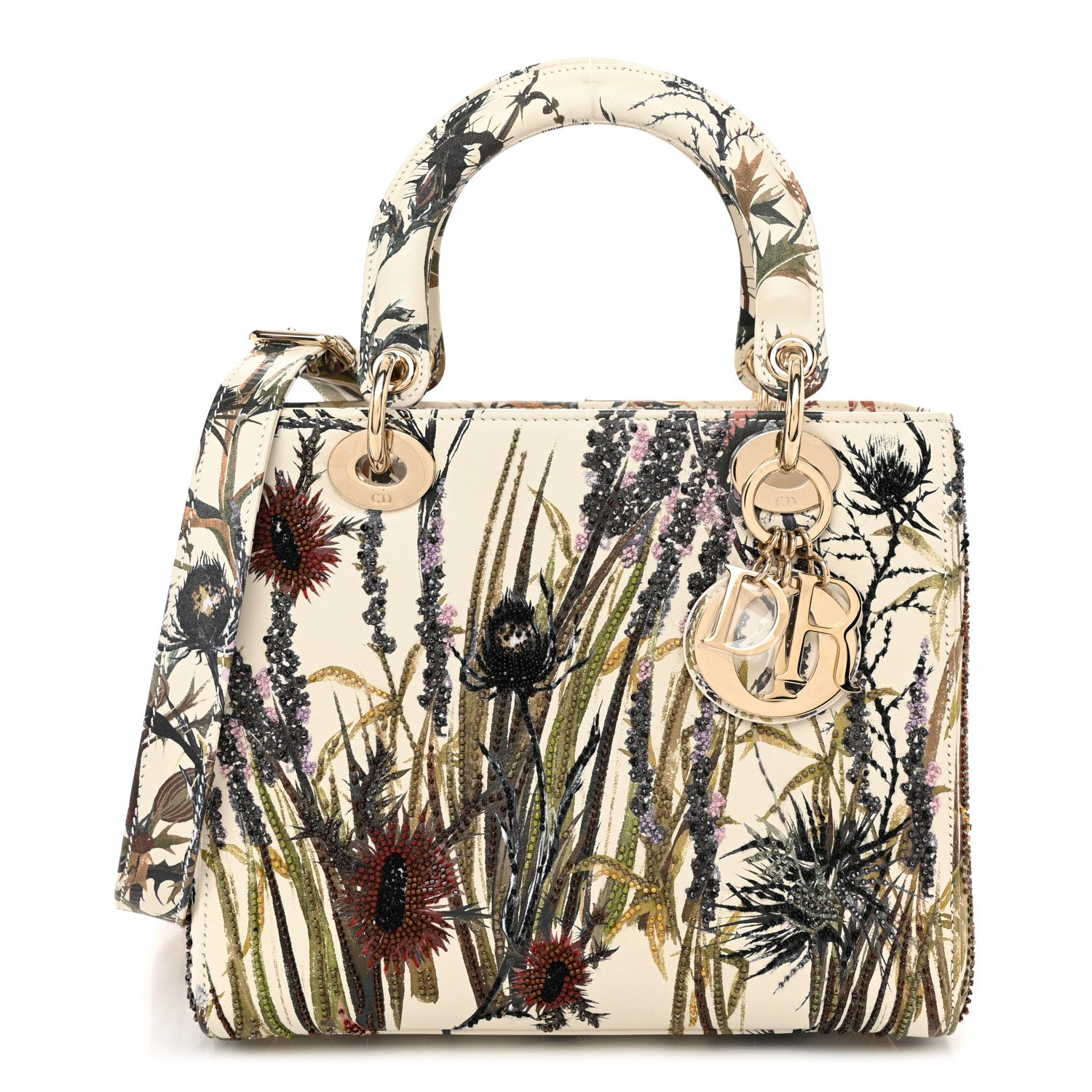 Christian Dior Calfskin Beaded Embroidered Jardin Naturel Medium Lady Dior White Multicolor 1 of 9