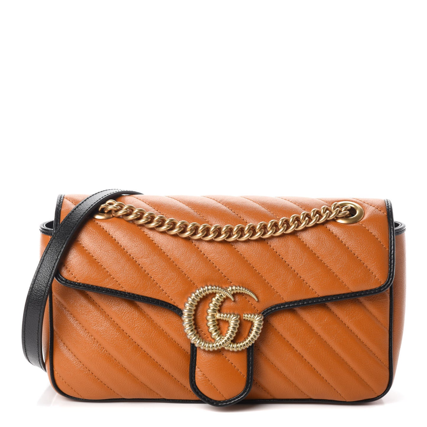 Vintage Effect Calfskin Matelasse Diagonal Small Torchon GG Marmont Shoulder Bag Cognac Black