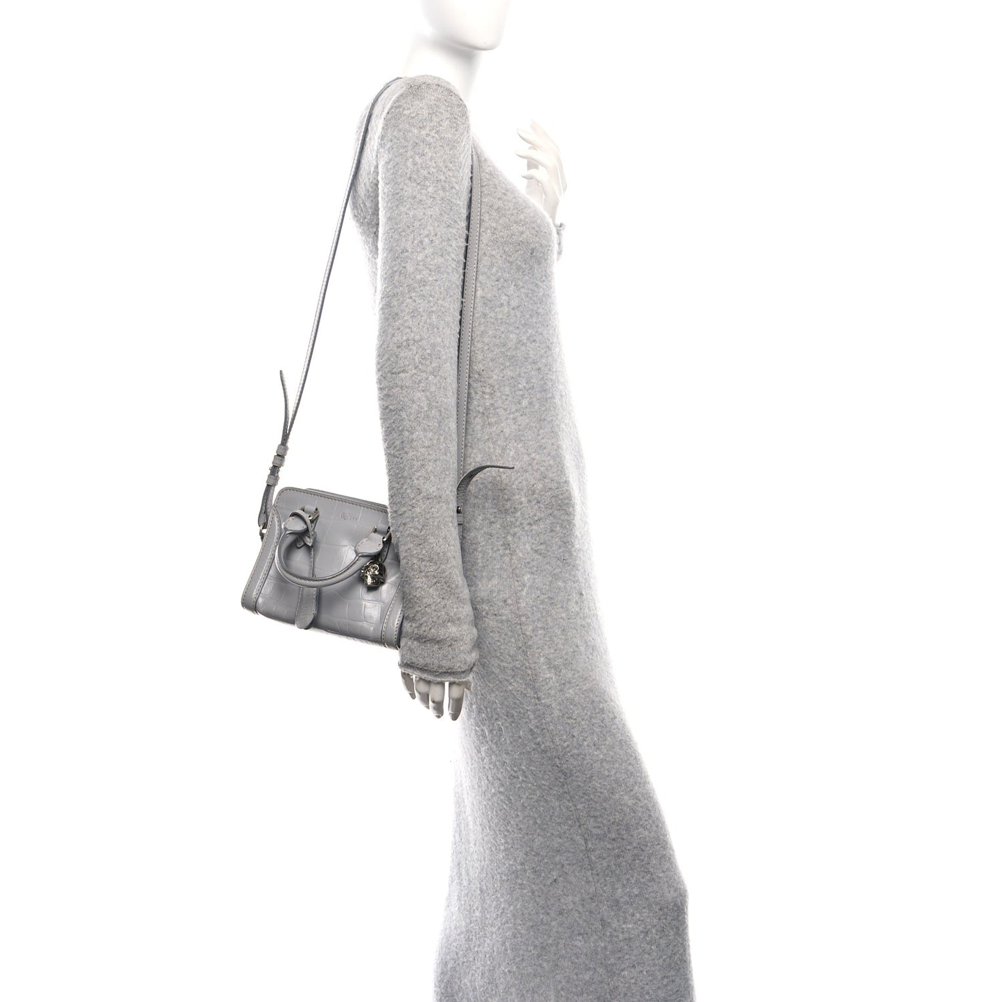 Calfskin Crocodile Embossed Mini Skull Padlock Zip Around Tote Grey
