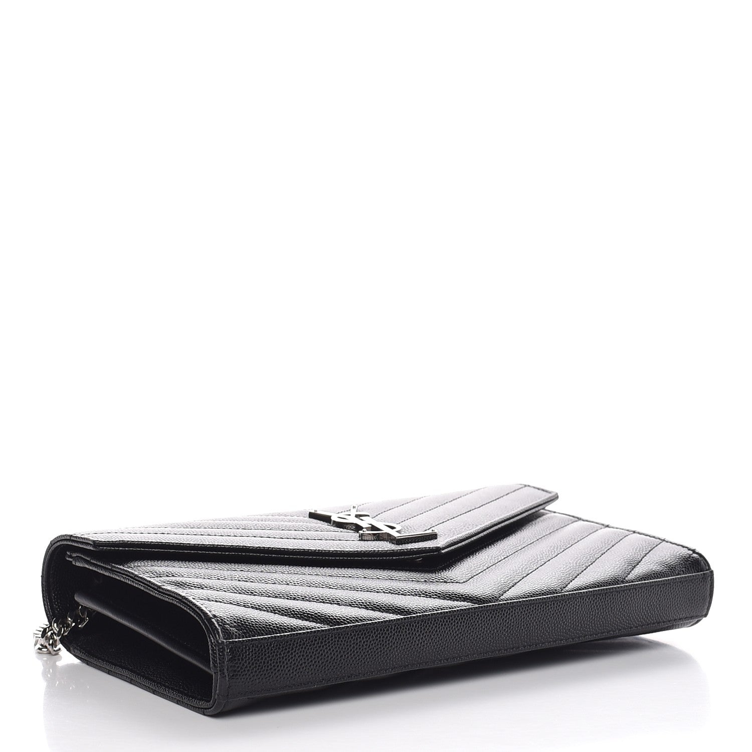 Saint Laurent Grain De Poudre Matelasse Chevron Medium Monogram Chain Wallet Black 4 of 8