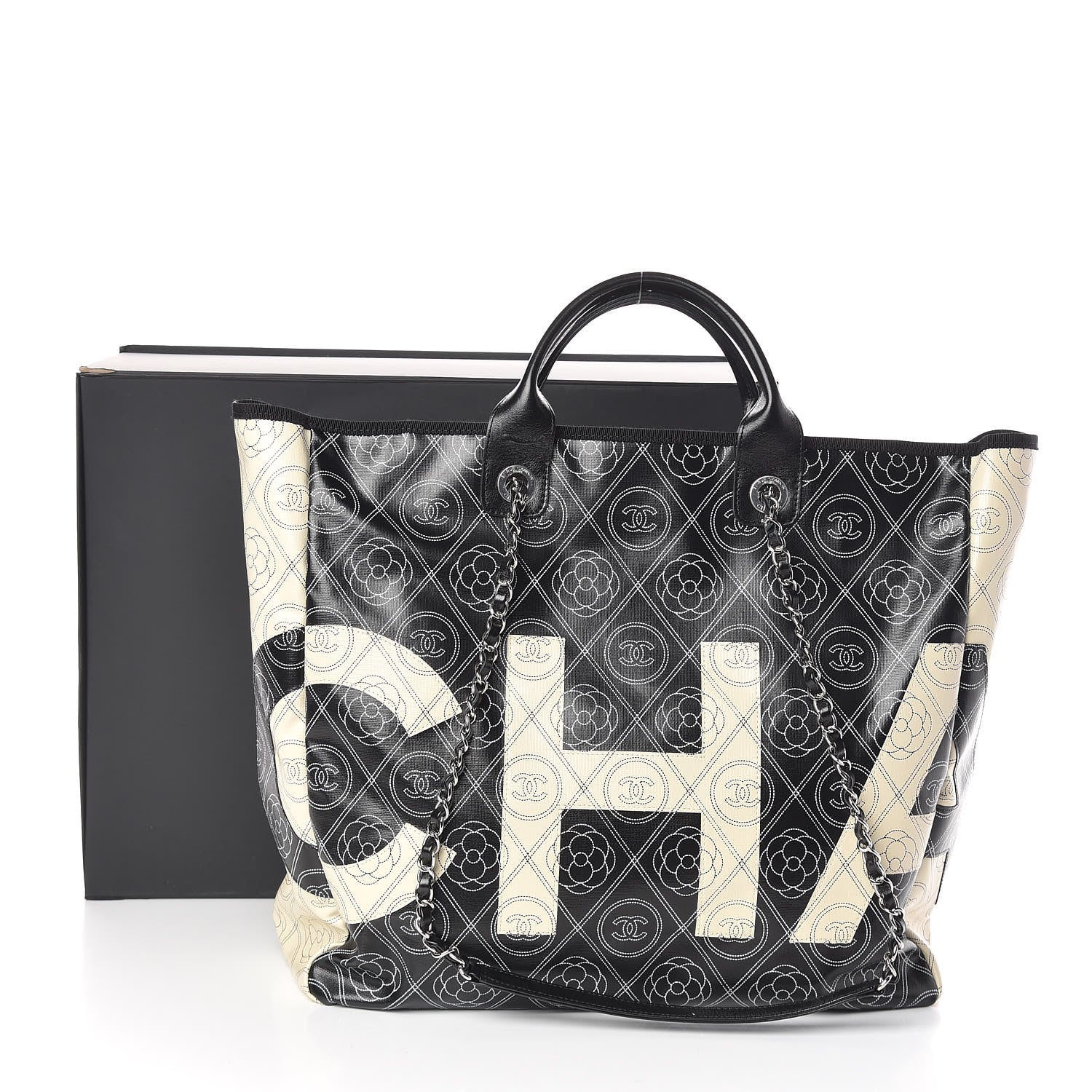 Chanel Coated Canvas Camellia Medium Shopping Tote Black Beige 11 of 11