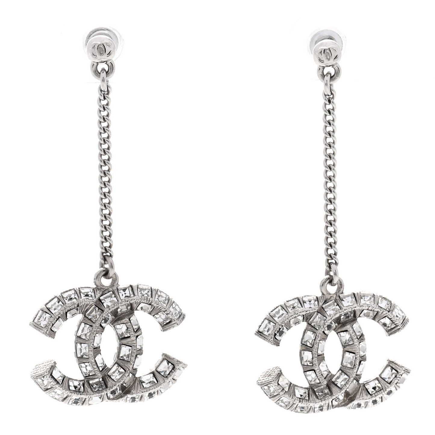 Baguette Crystal CC Drop Earrings Silver