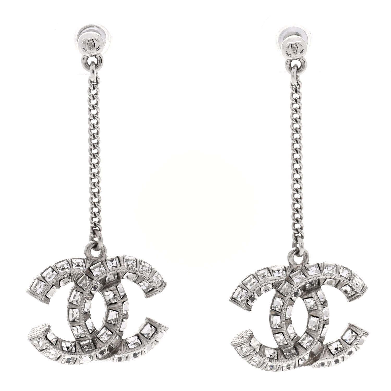 Chanel Baguette Crystal CC Drop Earrings Silver 1 of 4
