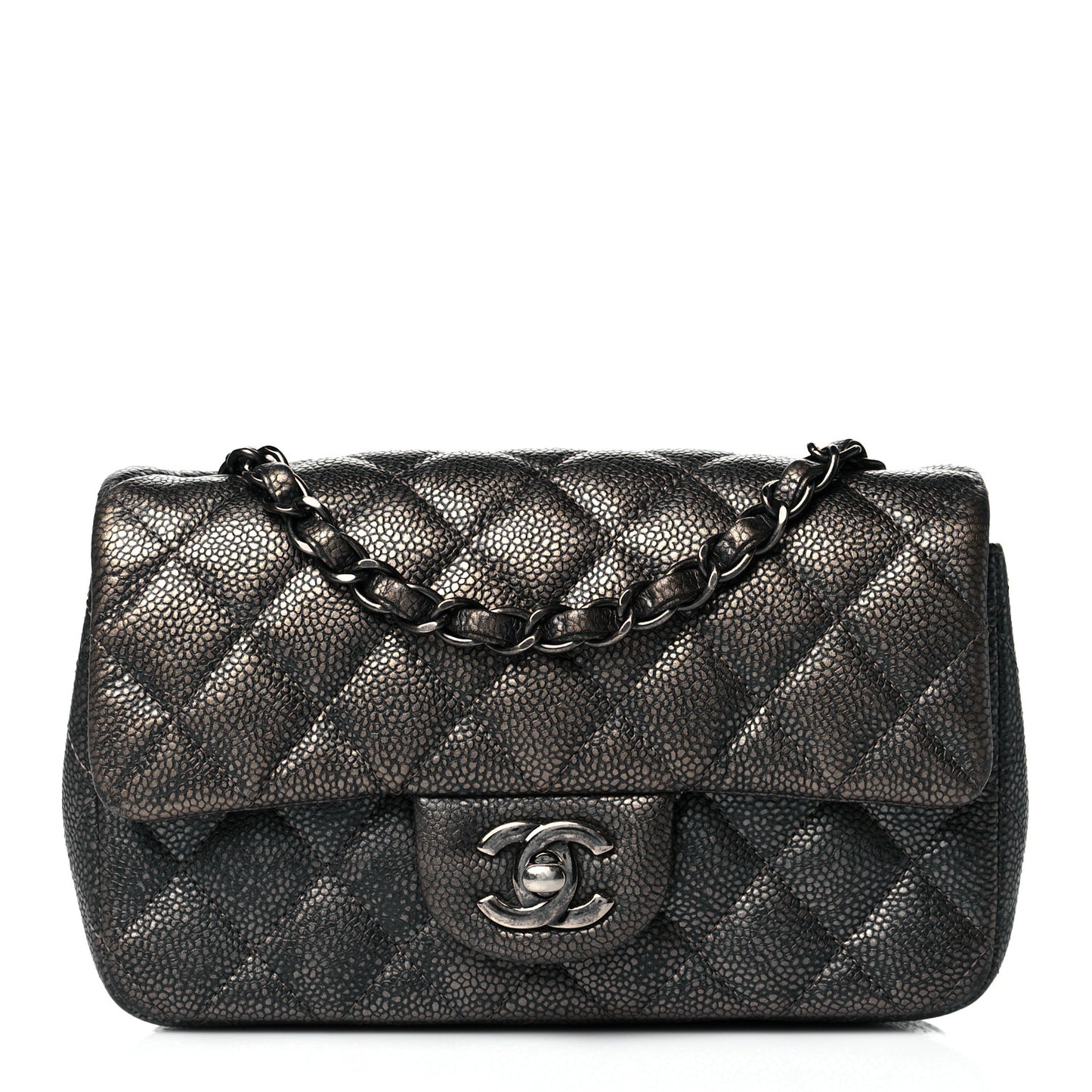 Metallic Caviar Quilted Mini Rectangular Flap Dark Grey