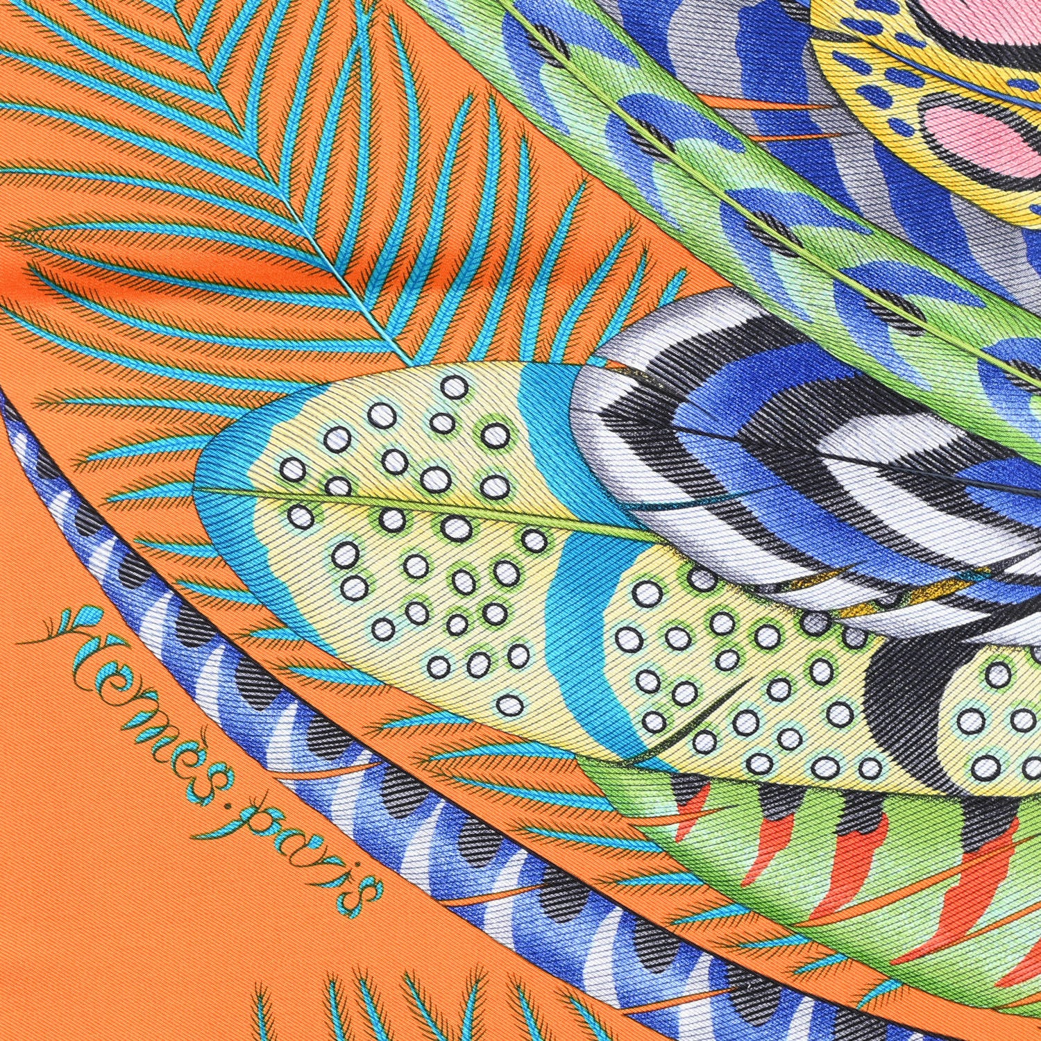 Hermes Silk Plumes En Fete Scarf 90 Orange Bleu Rose 4 of 6