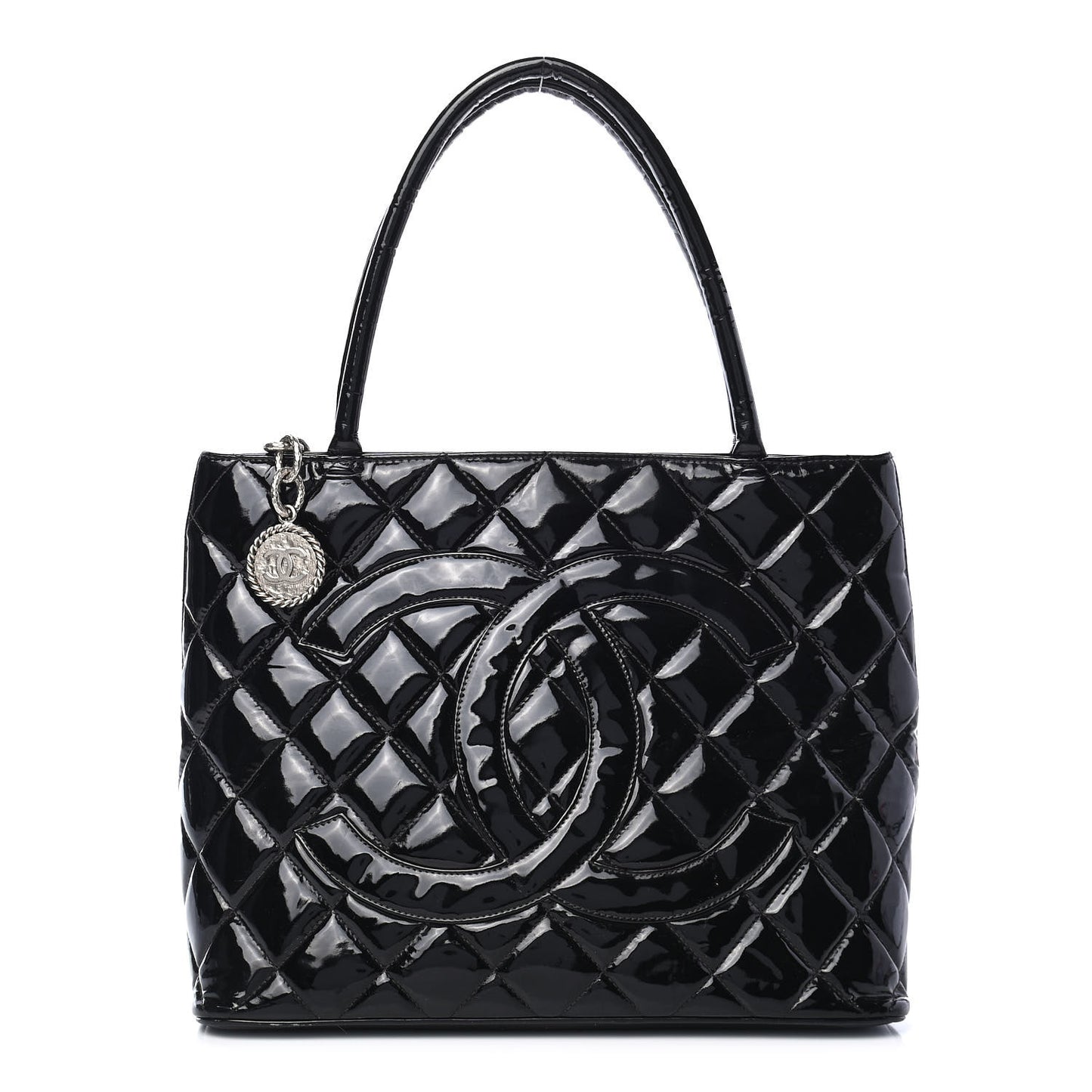 Patent Quilted Medallion Tote Black