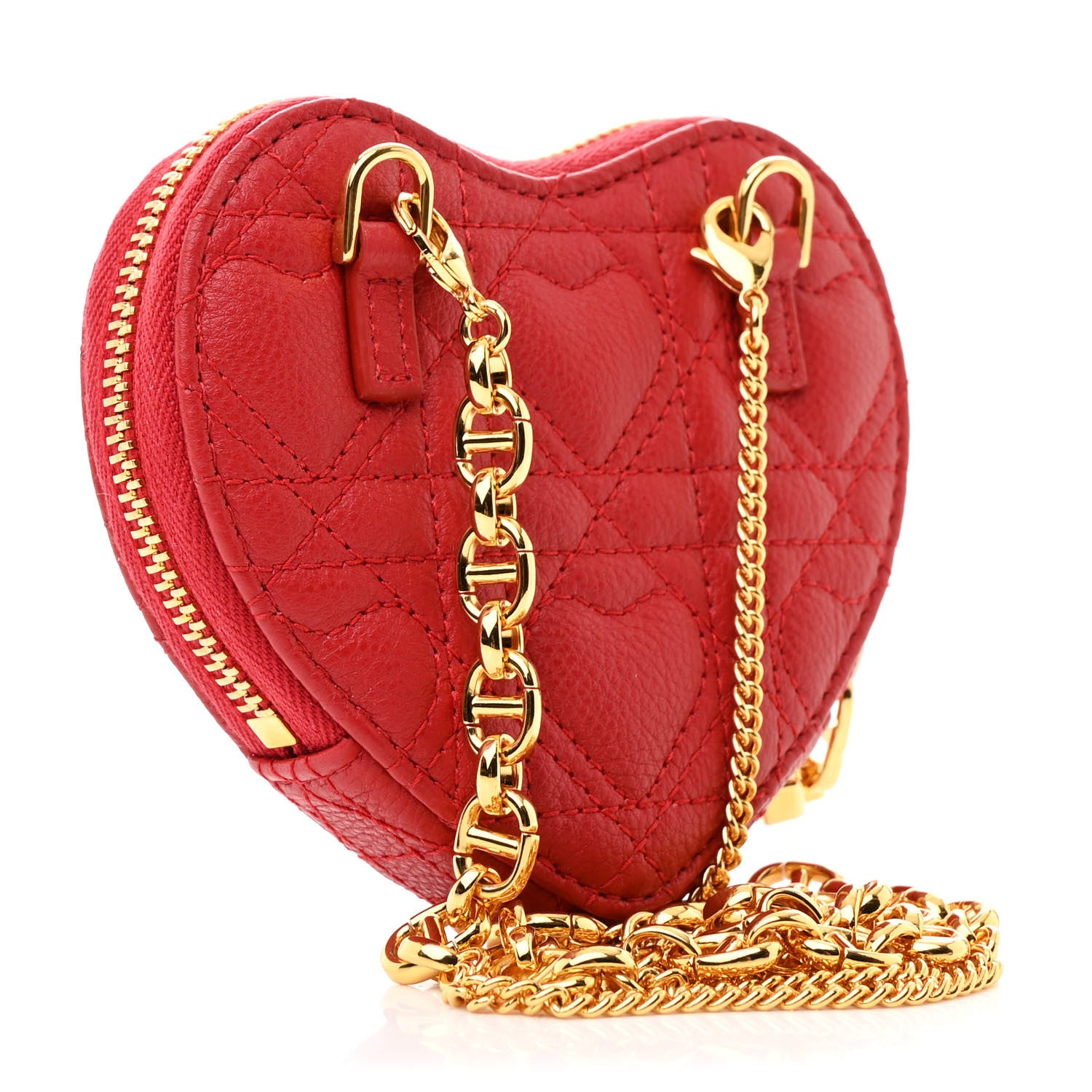 Christian Dior Calfskin Cannage Dioramour Caro Heart Pouch With Chain Red 3 of 11