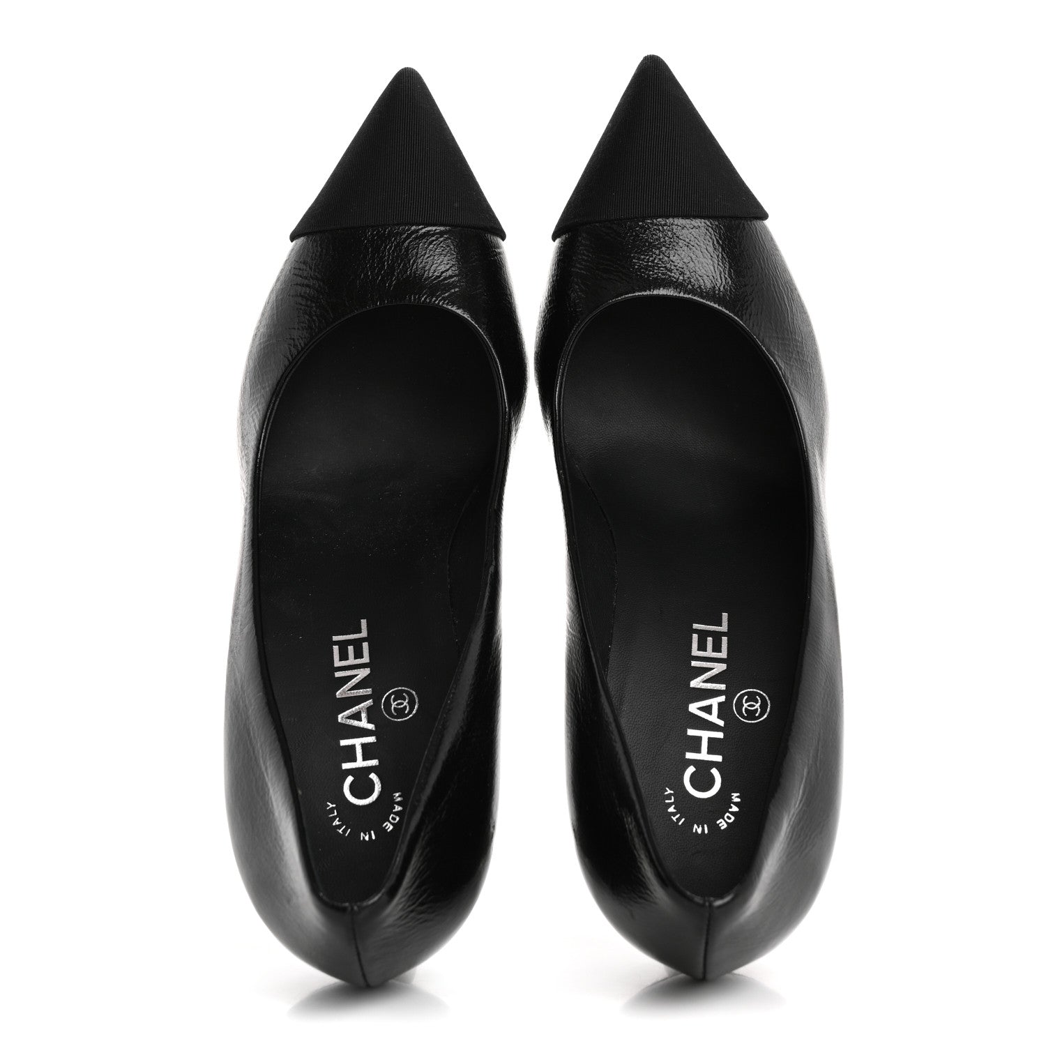 Chanel Shiny Calfskin Grosgrain Cap Toe CC Pearl Pumps 38.5