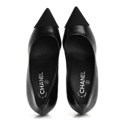 Chanel Shiny Calfskin Grosgrain Cap Toe CC Pearl Pumps 38.5 Black 2 of 10