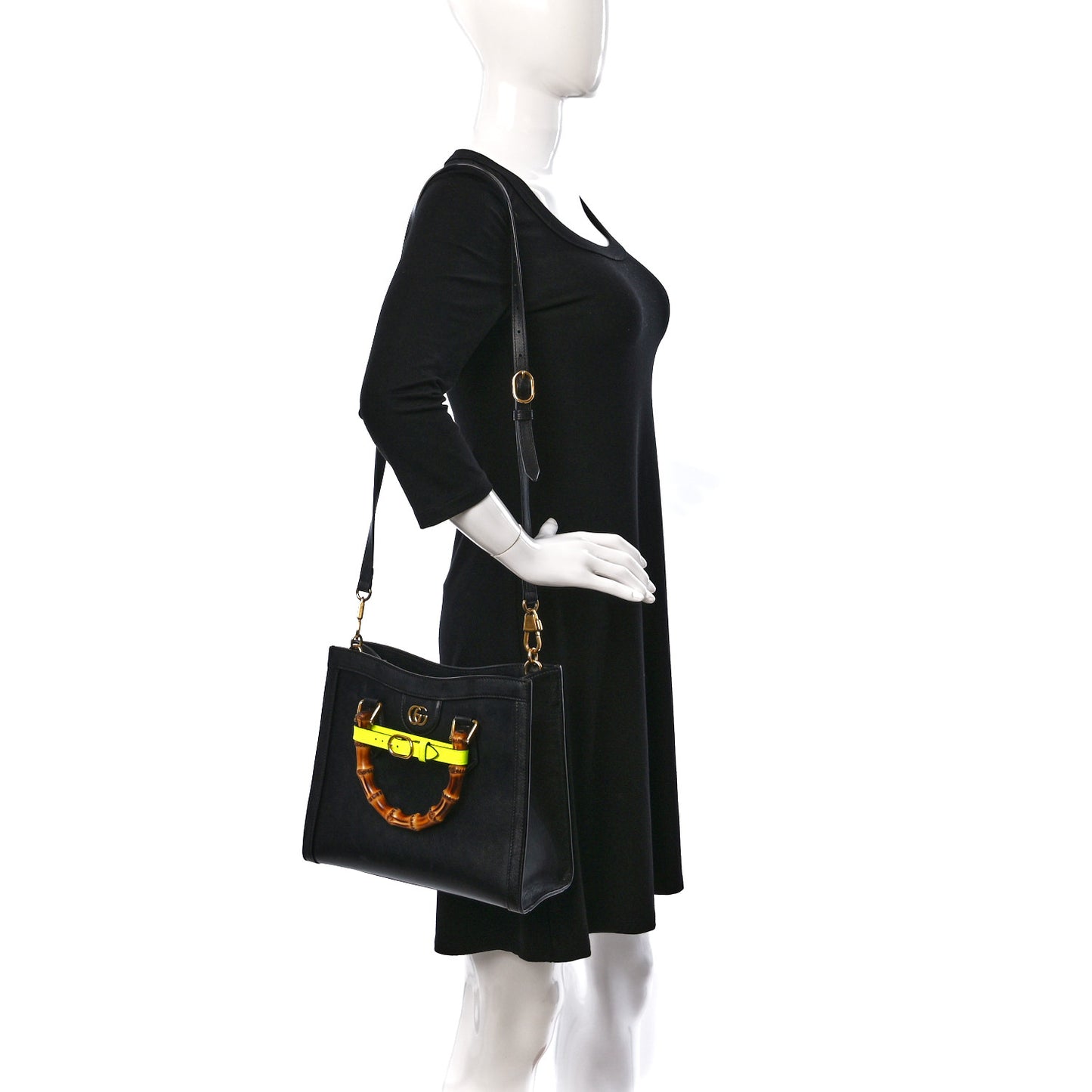 Calfskin Small Diana Tote Bag Black Yellow Fluo