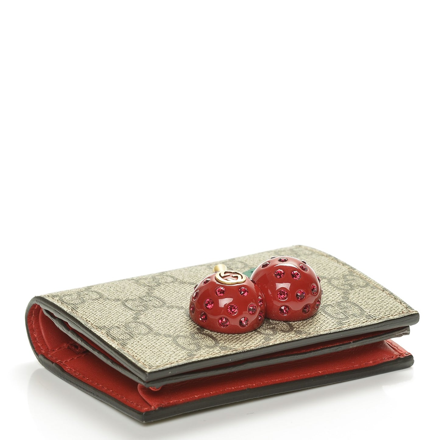 GG Supreme Monogram Cherry Embellished Card Case Wallet Hibiscus Red