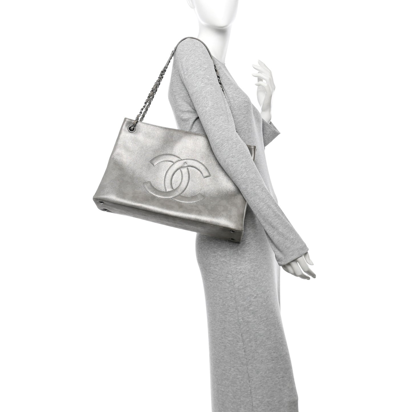 Iridescent Calfskin CC East West Shopping Tote Light Grey