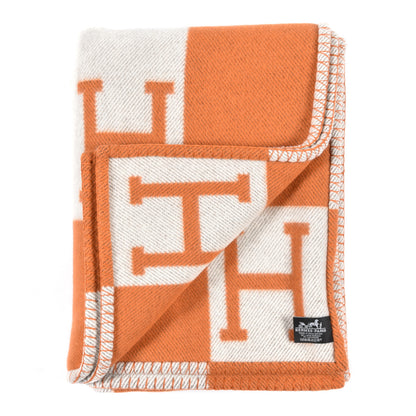 Hermes Wool Cashmere Signature Classic Avalon Blanket Ecru Potiron 2 of 3