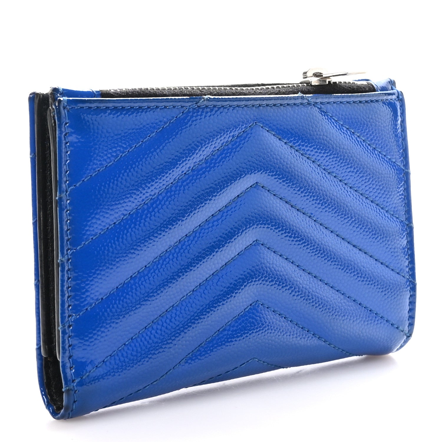 Saint Laurent Patent Grain De Poudre Matelasse Chevron Monogram Zipped Two-Part Wallet Royal Blue 3 of 10